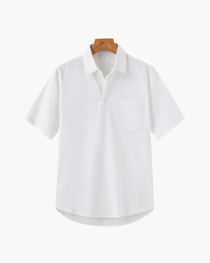 Men's Short-Sleeve Button-Neck Shirt with Chest Pocket - White