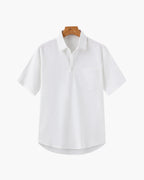Men's Short-Sleeve Button-Neck Shirt with Chest Pocket - White