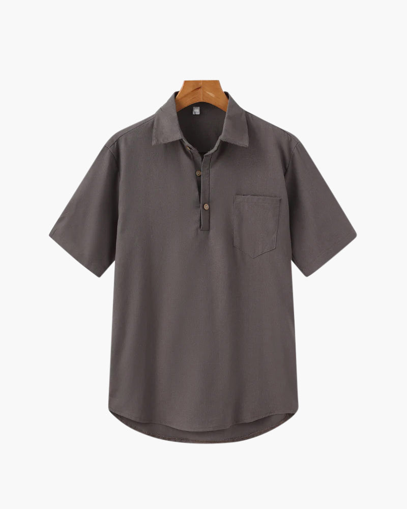 Men's Short-Sleeve Button-Neck Shirt with Chest Pocket - Grey