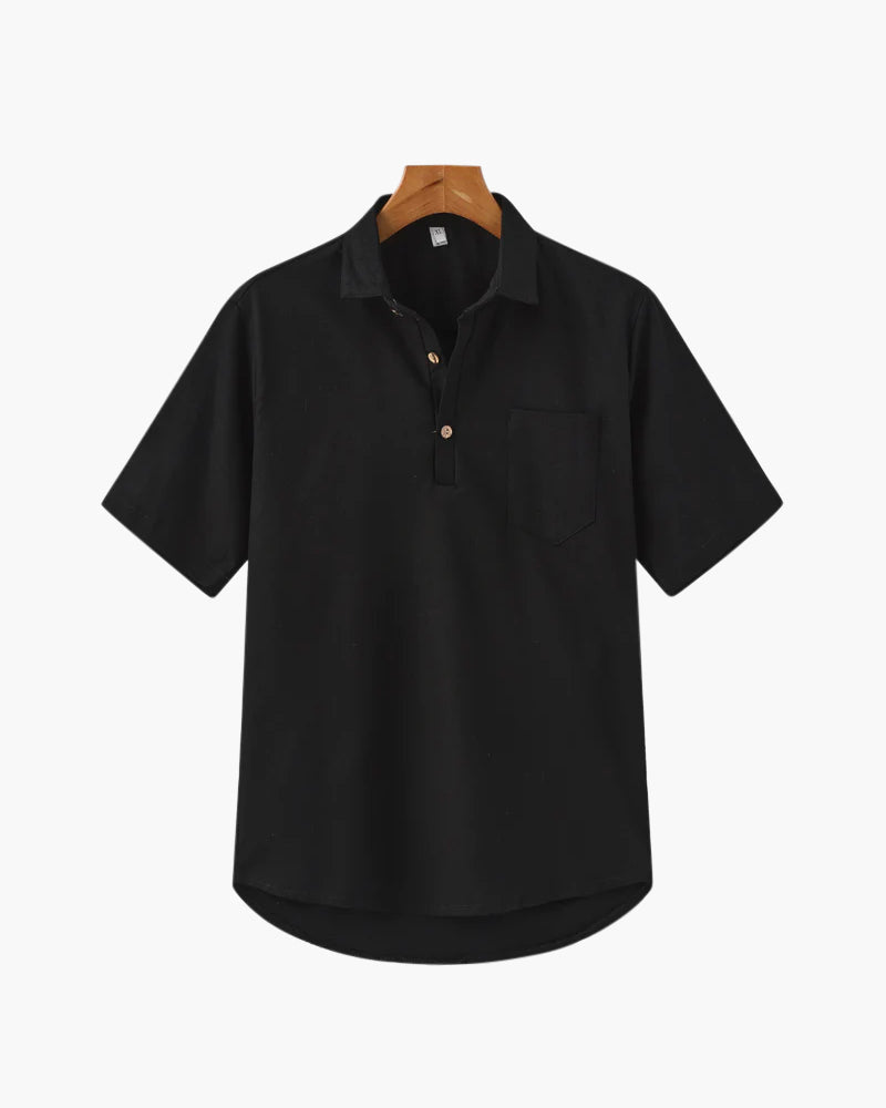 Men's Short-Sleeve Button-Neck Shirt with Chest Pocket - Black