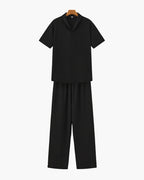 Men's Short-Sleeved Polo and Straight Trouser Set - Black