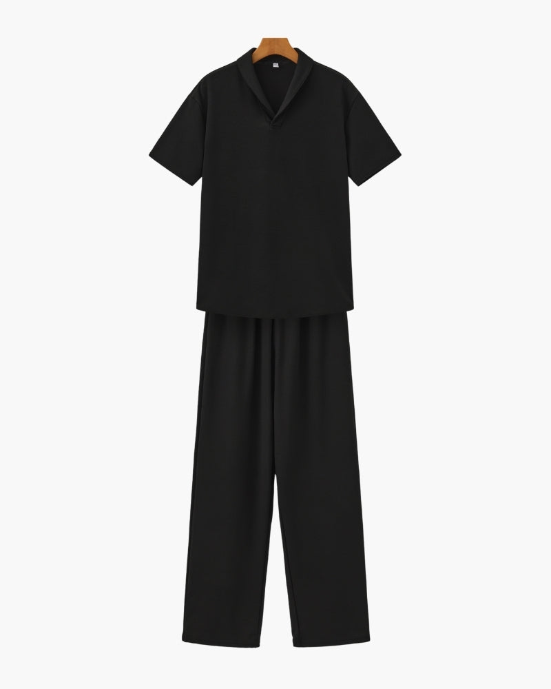 Men's Short-Sleeved Polo and Straight Trouser Set - Black