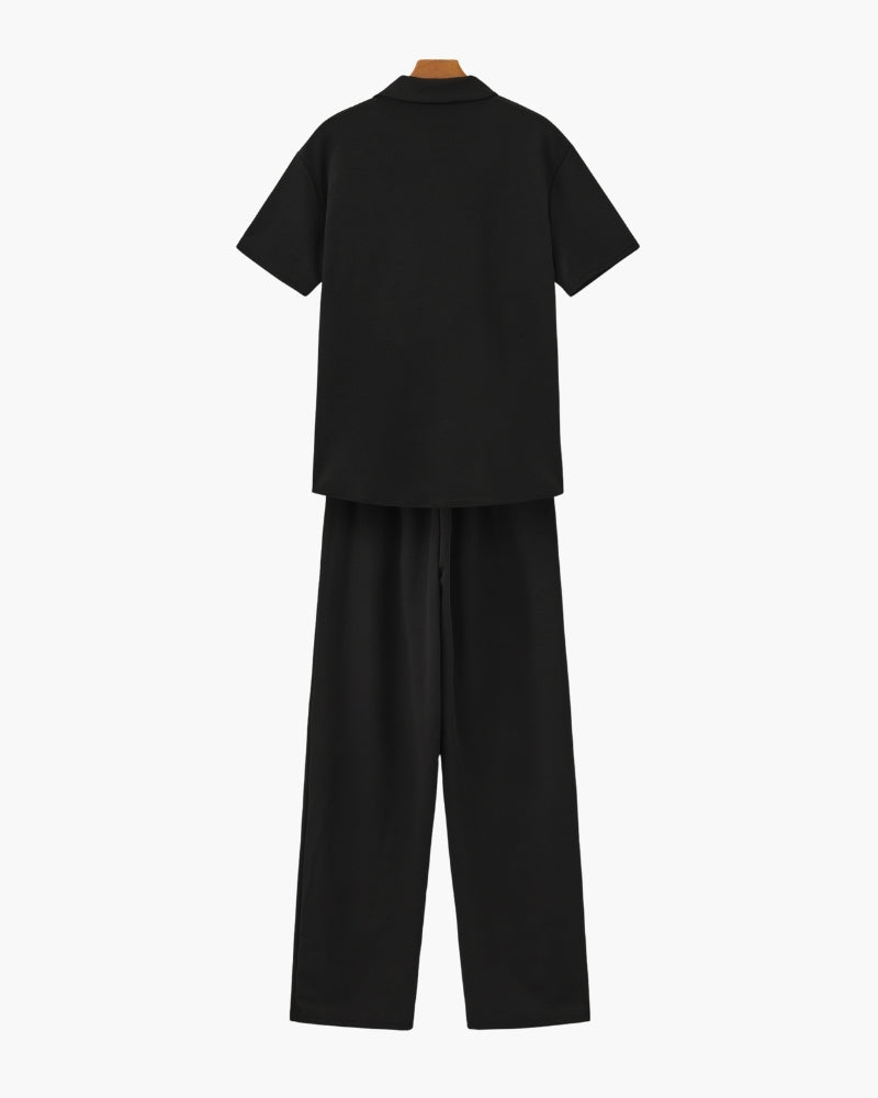 Men's Short-Sleeved Polo and Straight Trouser Set - Black