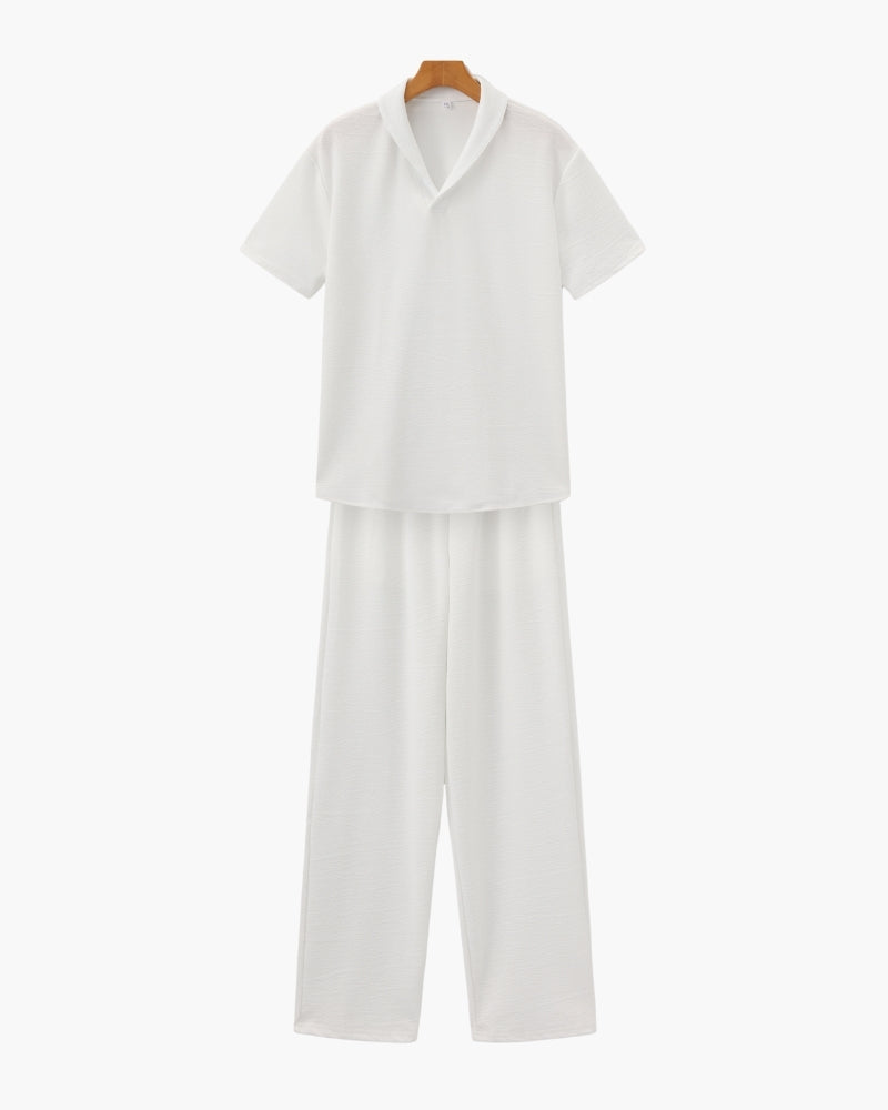 Men's Short-Sleeved Polo and Straight Trouser Set - White