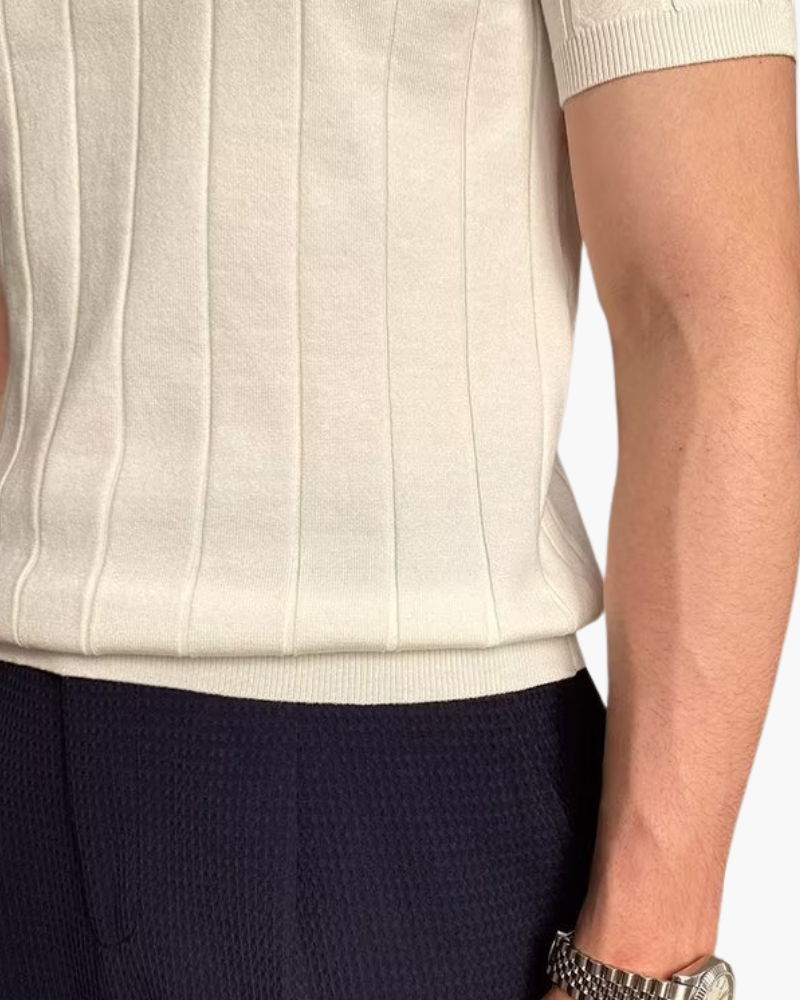 Men's Short-Sleeved Ribbed Polo with Button Neckline - White