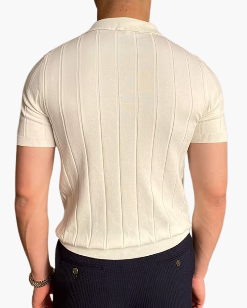 Men's Short-Sleeved Ribbed Polo with Button Neckline - White