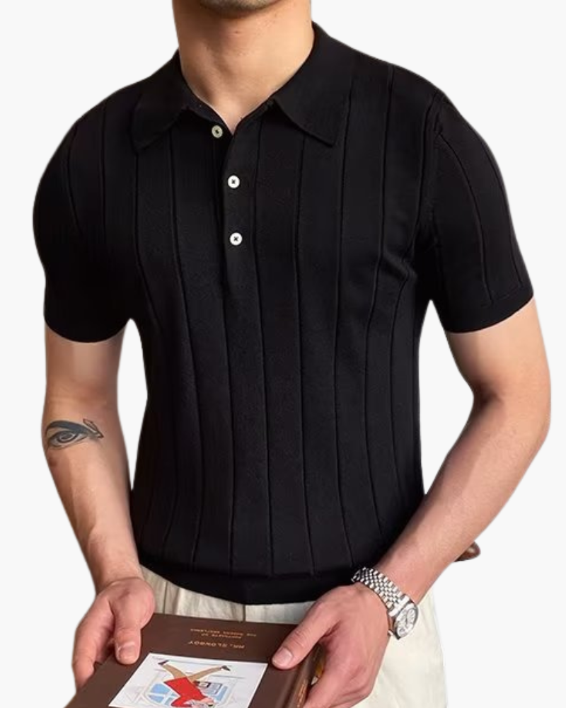 Men's Short-Sleeved Ribbed Polo with Button Neckline - Black