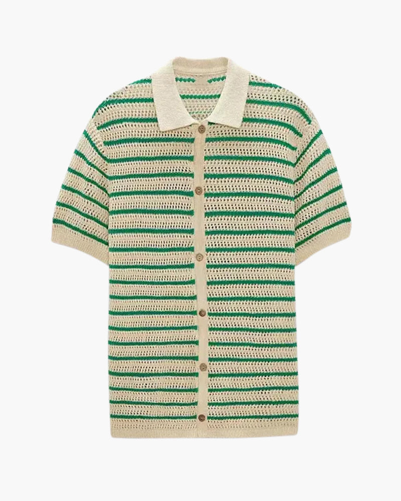 Men's Striped Button-Front Shirt with Open Texture - Green and Cream