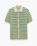 Men's Striped Button-Front Shirt with Open Texture - Green and Cream