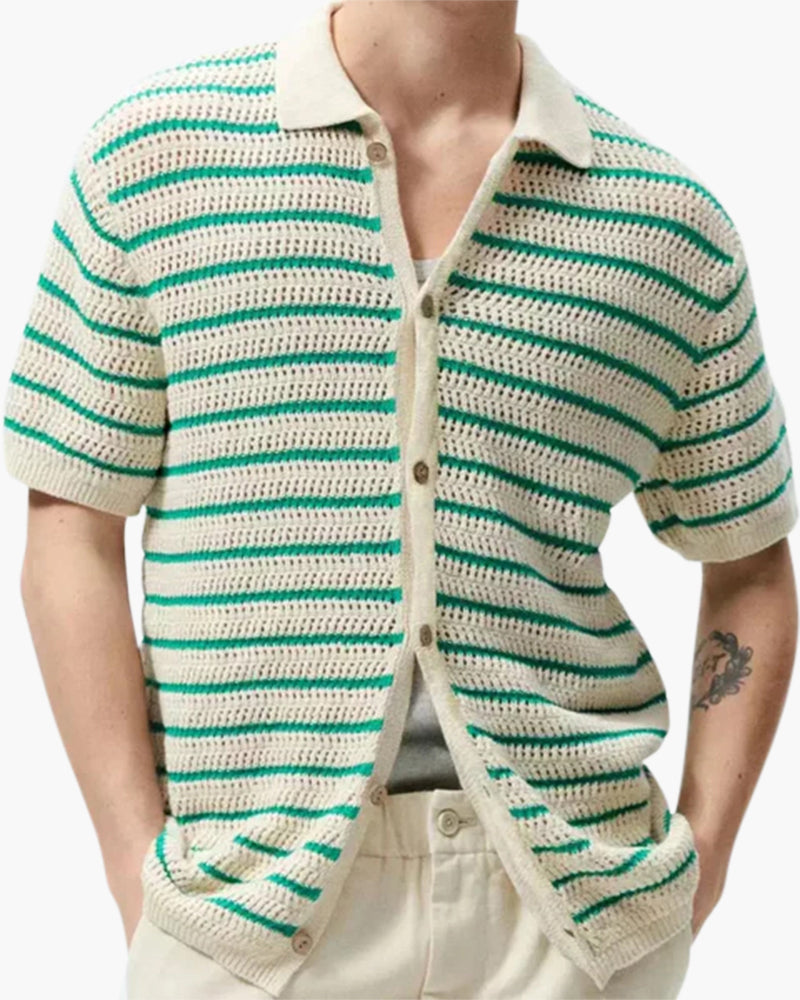 Men's Striped Button-Front Shirt with Open Texture - Green and Cream