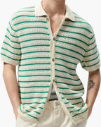 Men's Striped Button-Front Shirt with Open Texture - Green and Cream