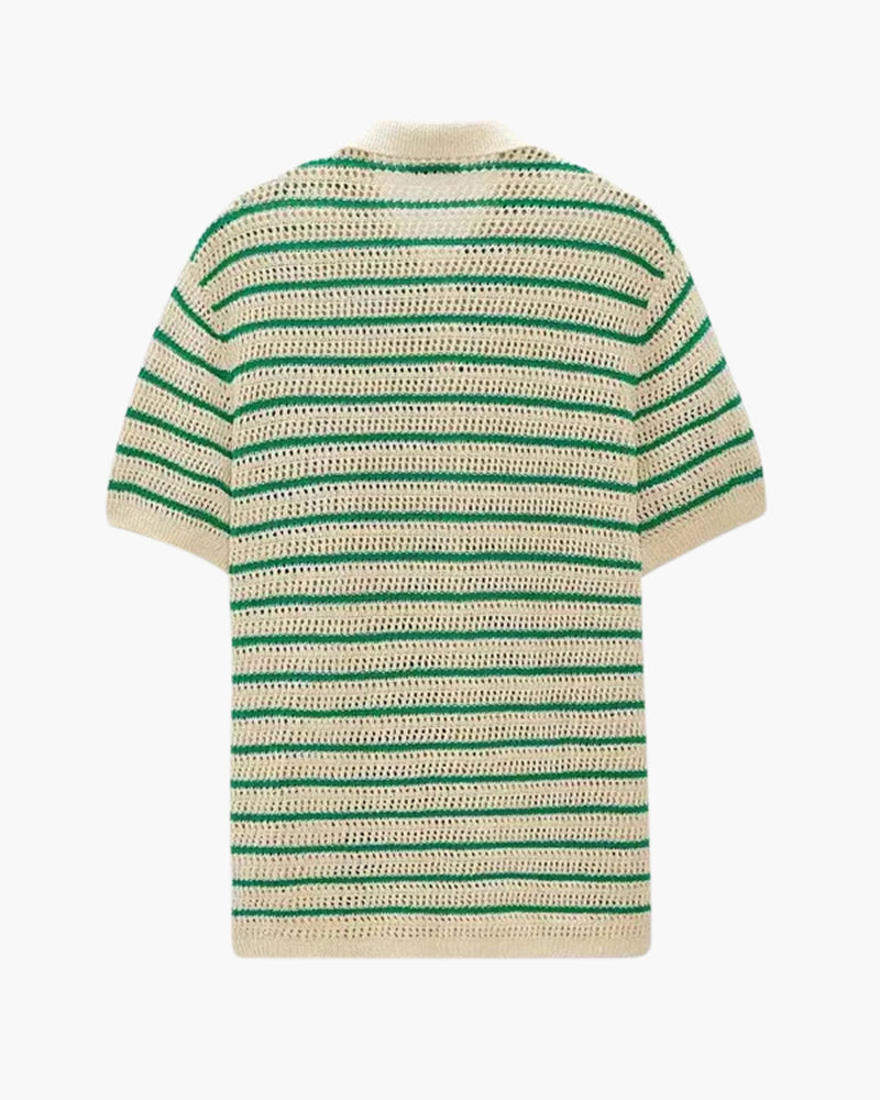 Men's Striped Button-Front Shirt with Open Texture - Green and Cream