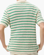 Men's Striped Button-Front Shirt with Open Texture - Green and Cream