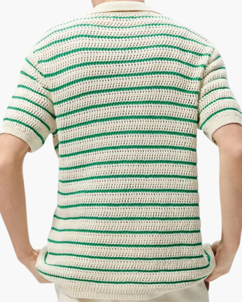 Men's Striped Button-Front Shirt with Open Texture - Green and Cream