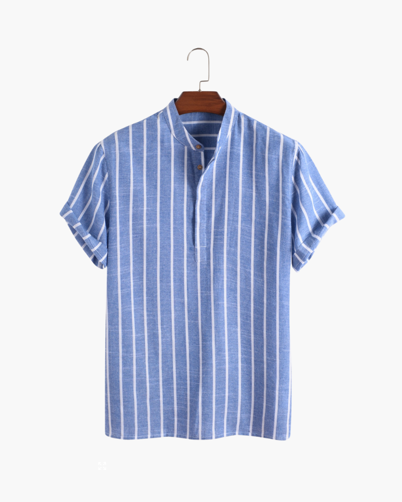 Men's Striped Short-Sleeve Shirt with a Stand Collar - Blue