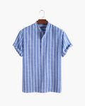 Men's Striped Short-Sleeve Shirt with a Stand Collar - Blue
