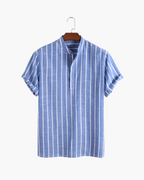 Men's Striped Short-Sleeve Shirt with a Stand Collar - Blue