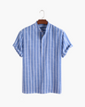 Men's Striped Short-Sleeve Shirt with a Stand Collar - Blue