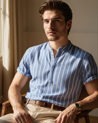 Men's Striped Short-Sleeve Shirt with a Stand Collar - Blue