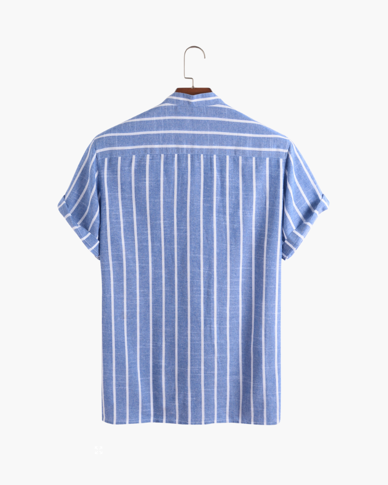 Men's Striped Short-Sleeve Shirt with a Stand Collar - Blue