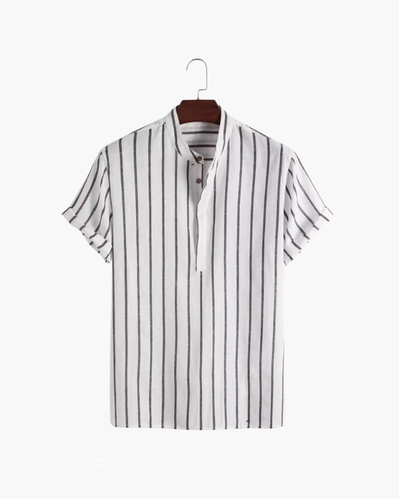 Men's Striped Short-Sleeve Shirt with a Stand Collar - White