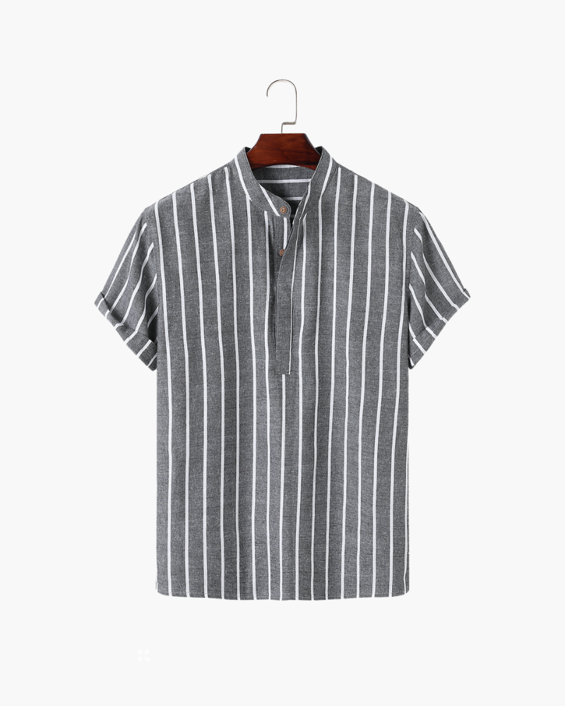 Men's Striped Short-Sleeve Shirt with a Stand Collar - Grey