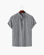 Men's Striped Short-Sleeve Shirt with a Stand Collar - Grey