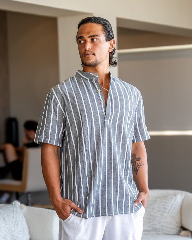 Men's Striped Short-Sleeve Shirt with a Stand Collar - Grey