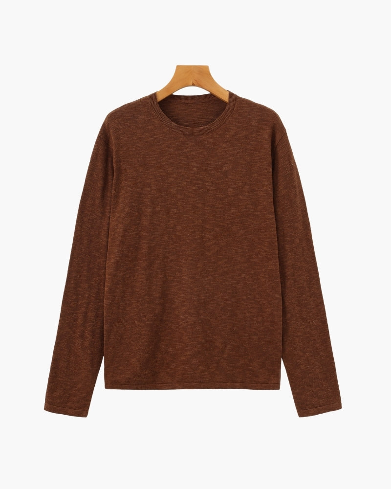 Men's Textured Crew-Neck Top with Long Straight Sleeves - Brown