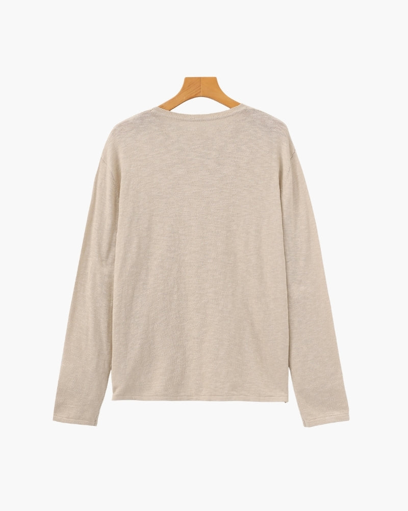 Men's Textured Crew-Neck Top with Long Straight Sleeves - Beige