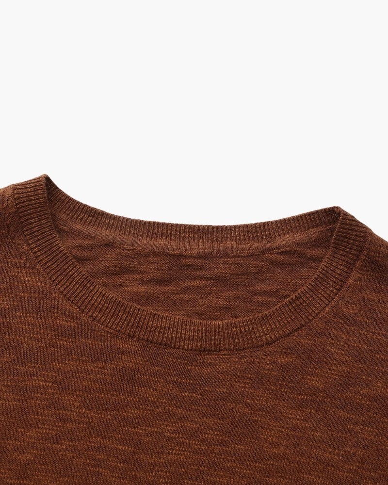 Men's Textured Crew-Neck Top with Long Straight Sleeves - Brown