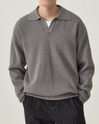 Men's Textured Open-Collar Jumper with Long Sleeves - Grey