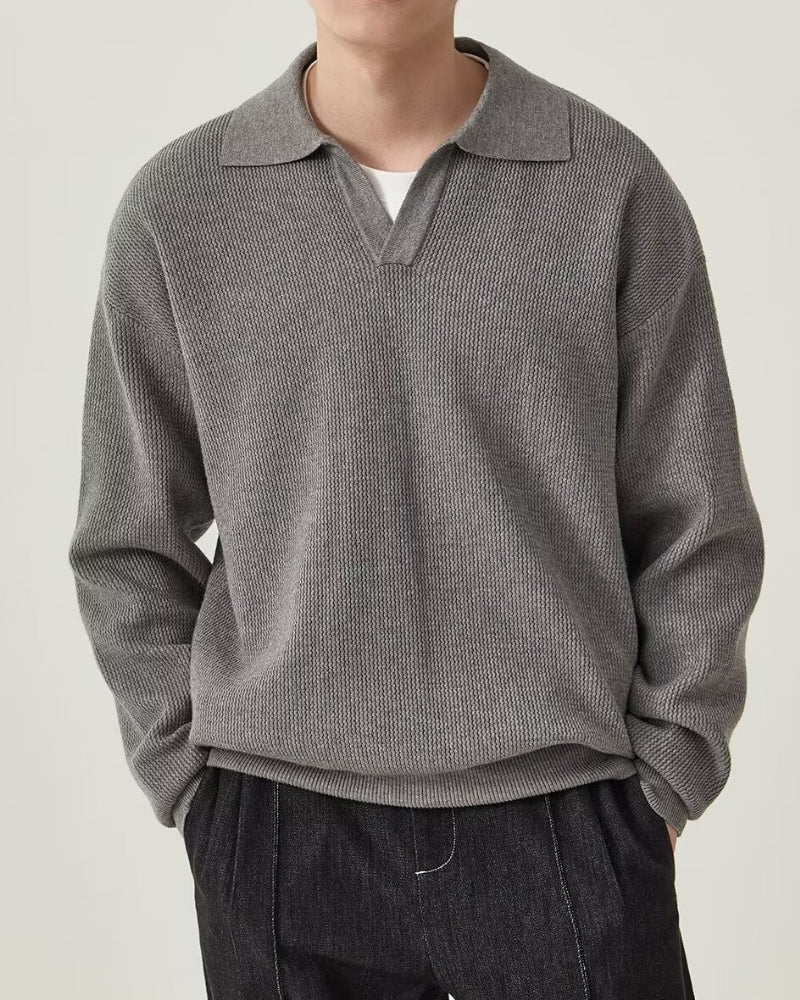 Men's Textured Open-Collar Jumper with Long Sleeves - Grey