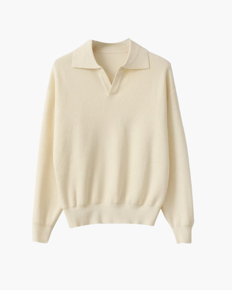 Men's Textured Open-Collar Jumper with Long Sleeves - Ivory