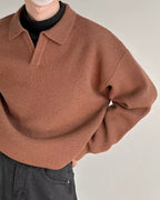 Men's Textured Open-Collar Jumper with Long Sleeves - Brown