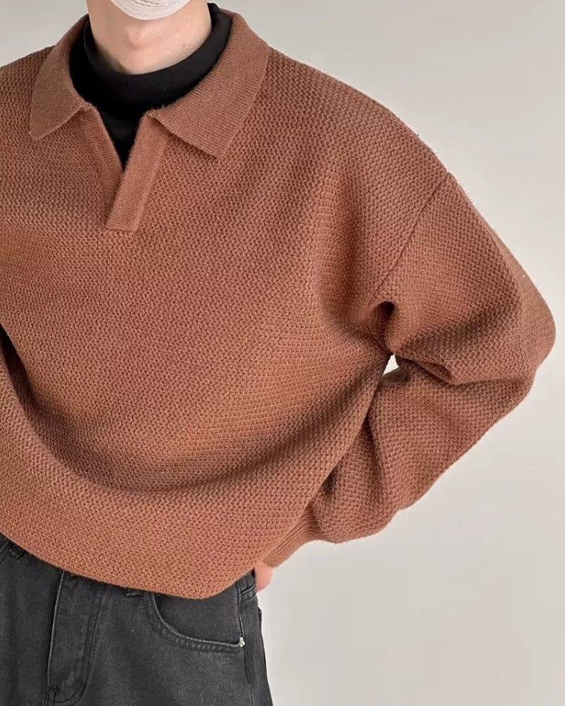 Men's Textured Open-Collar Jumper with Long Sleeves - Brown