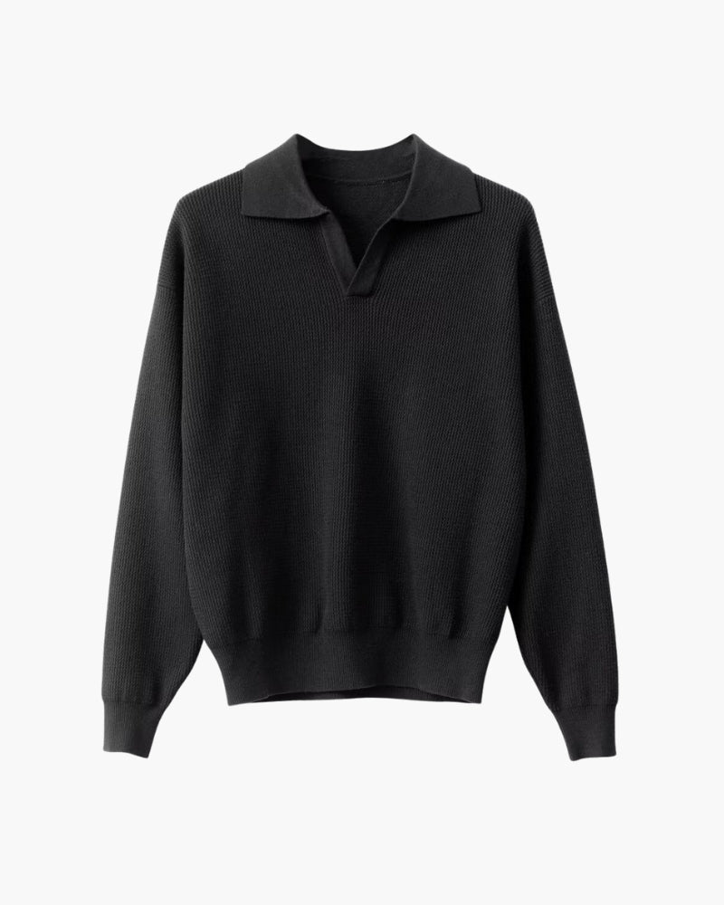 Men's Textured Open-Collar Jumper with Long Sleeves - Black