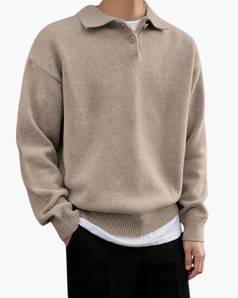 Men's Two-Button Collared Jumper with Dropped Sleeves - Beige