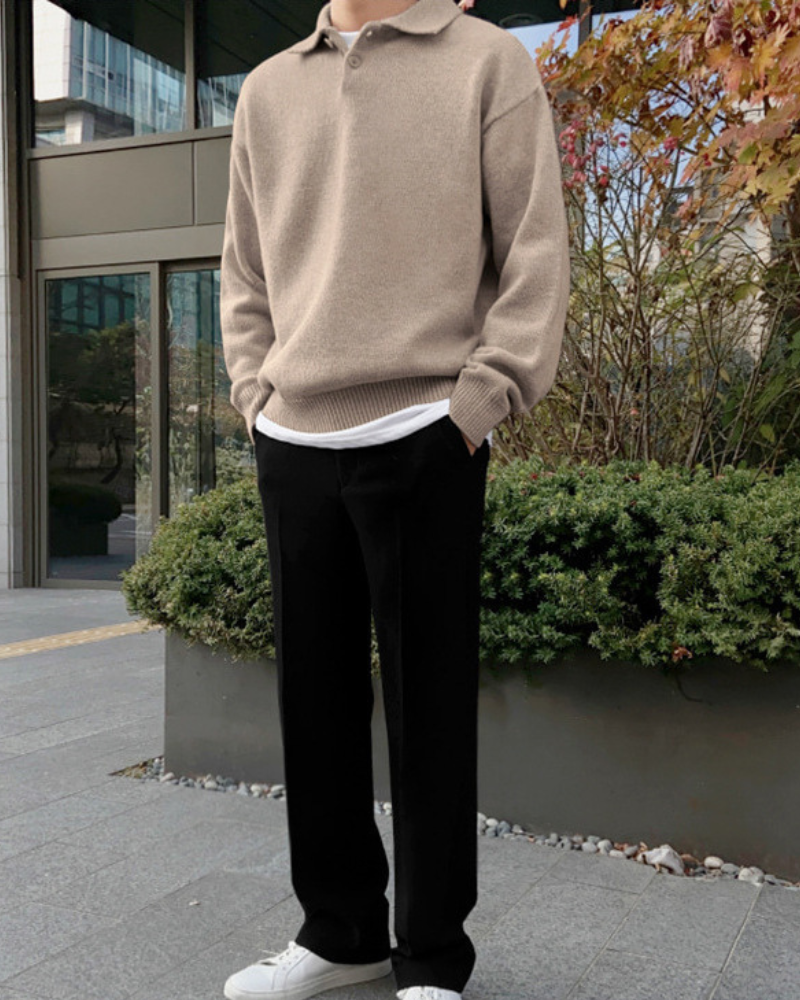Men's Two-Button Collared Jumper with Dropped Sleeves - Beige