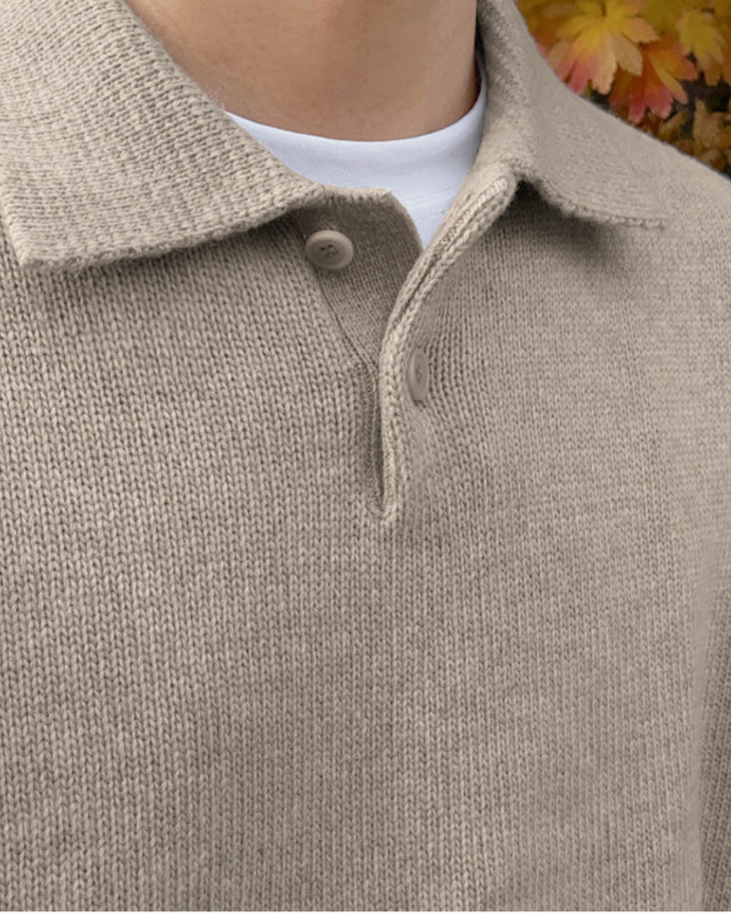 Men's Two-Button Collared Jumper with Dropped Sleeves - Beige
