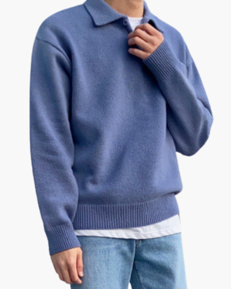 Men's Two-Button Collared Jumper with Dropped Sleeves - Blue