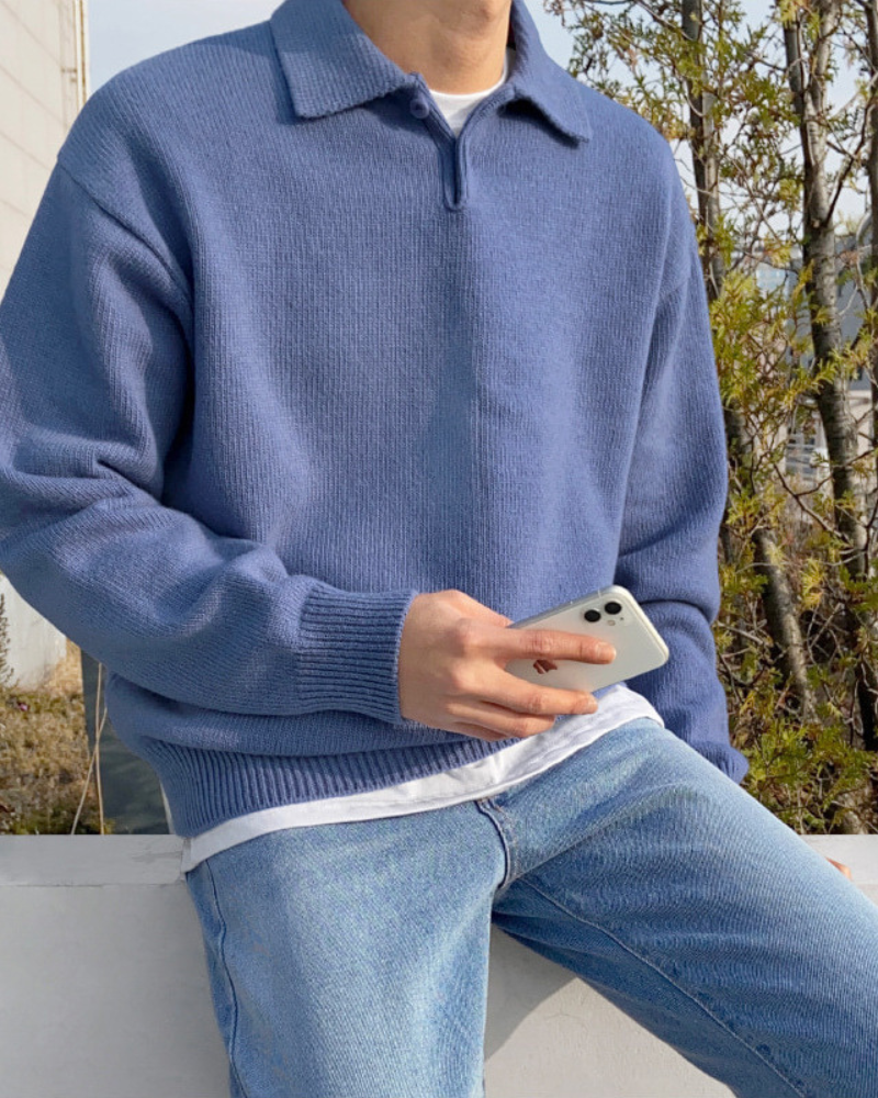 Men's Two-Button Collared Jumper with Dropped Sleeves - Blue