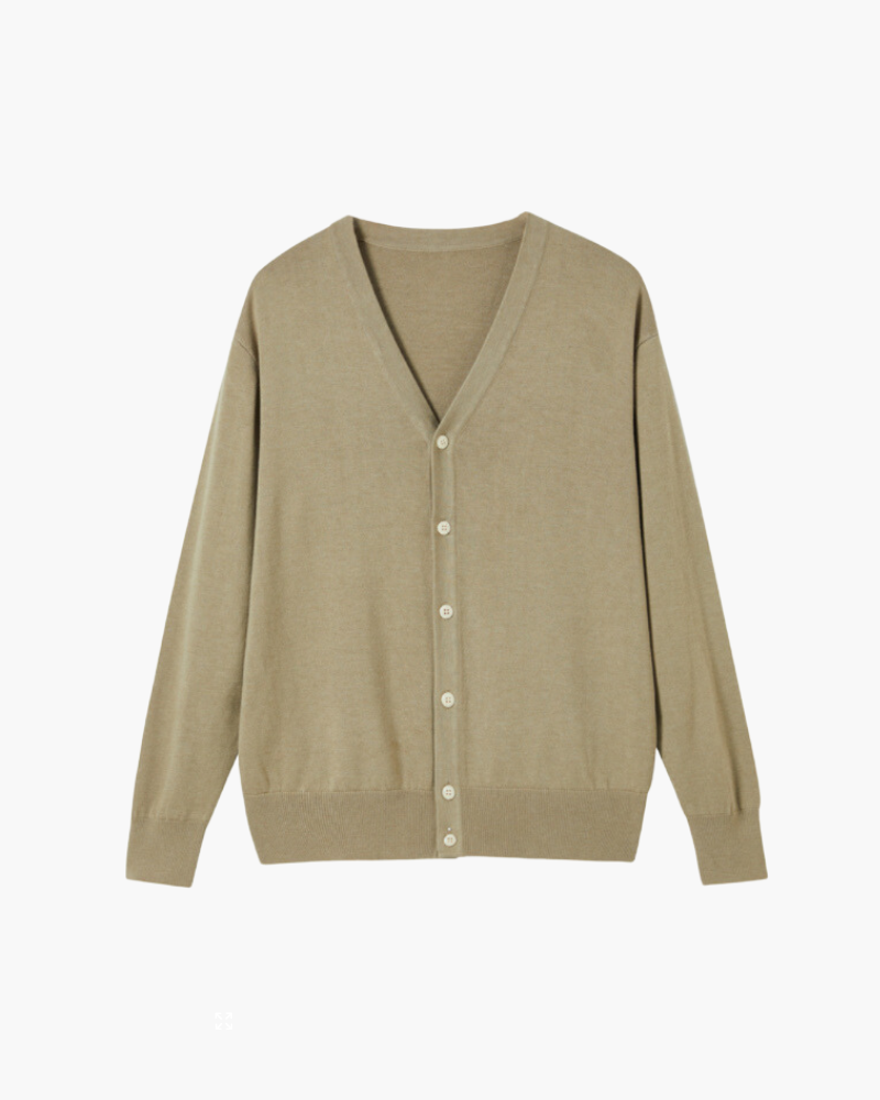 Men's V-Neck Button Cardigan with Ribbed Cuffs - Beige