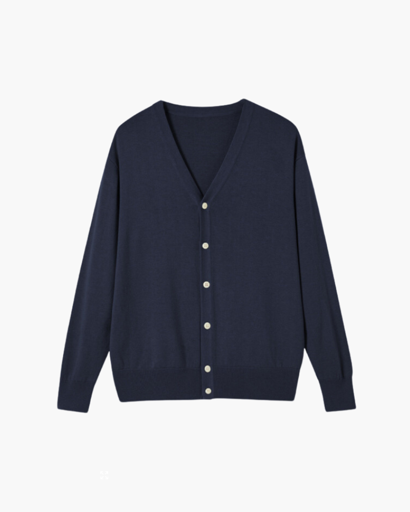 Men's V-Neck Button Cardigan with Ribbed Cuffs - Navy