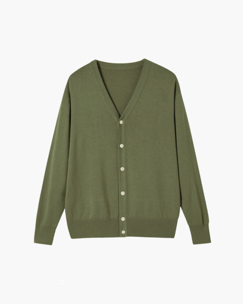 Men's V-Neck Button Cardigan with Ribbed Cuffs - Green