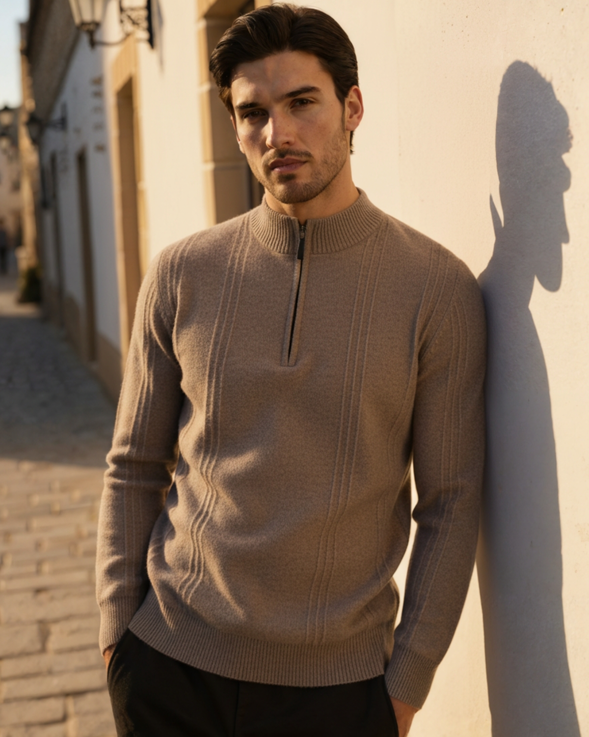Men's Vertical-Rib Jumper with a Low Zip Neckline - Beige