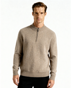 Men's Vertical-Rib Jumper with a Low Zip Neckline - Beige