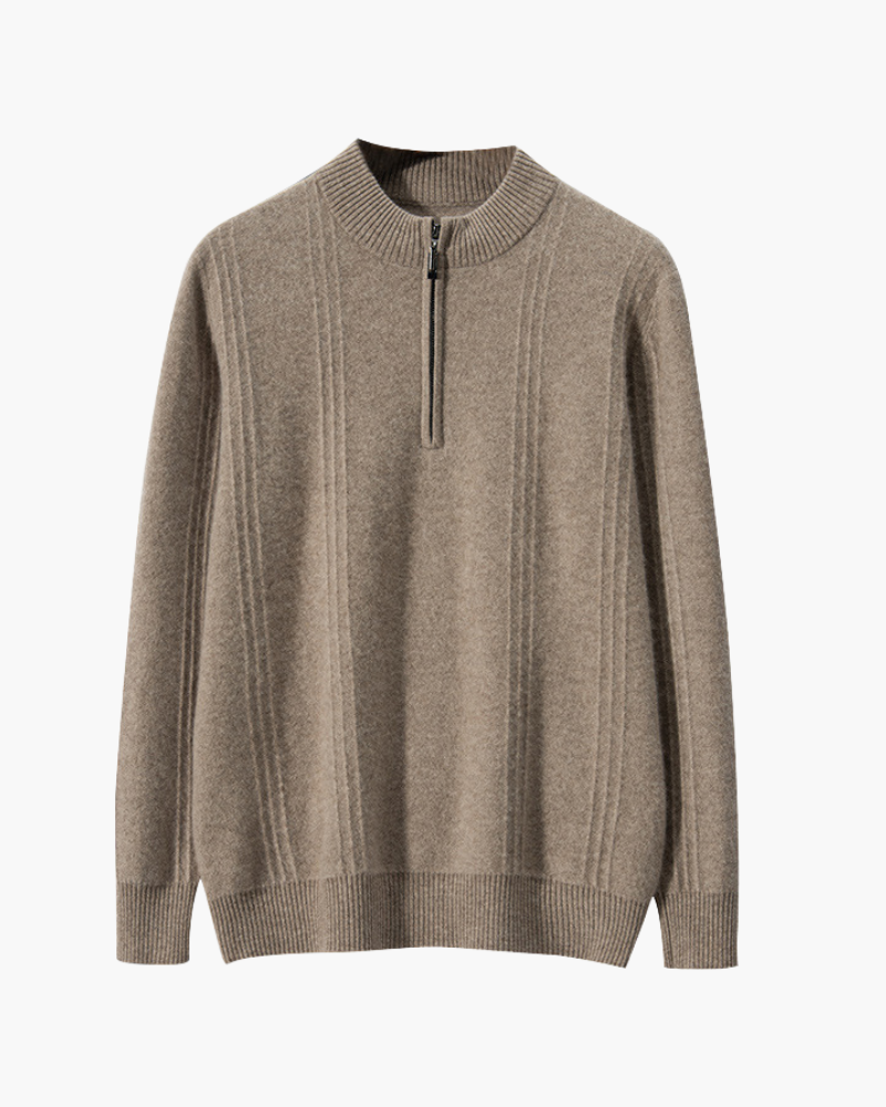 Men's Vertical-Rib Jumper with a Low Zip Neckline - Beige