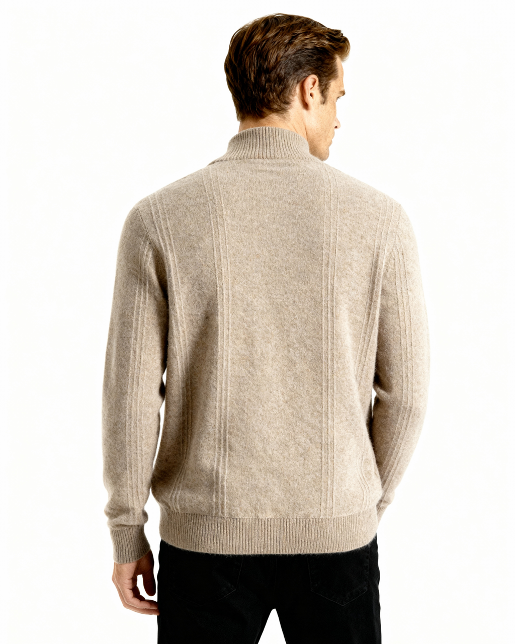 Men's Vertical-Rib Jumper with a Low Zip Neckline - Beige