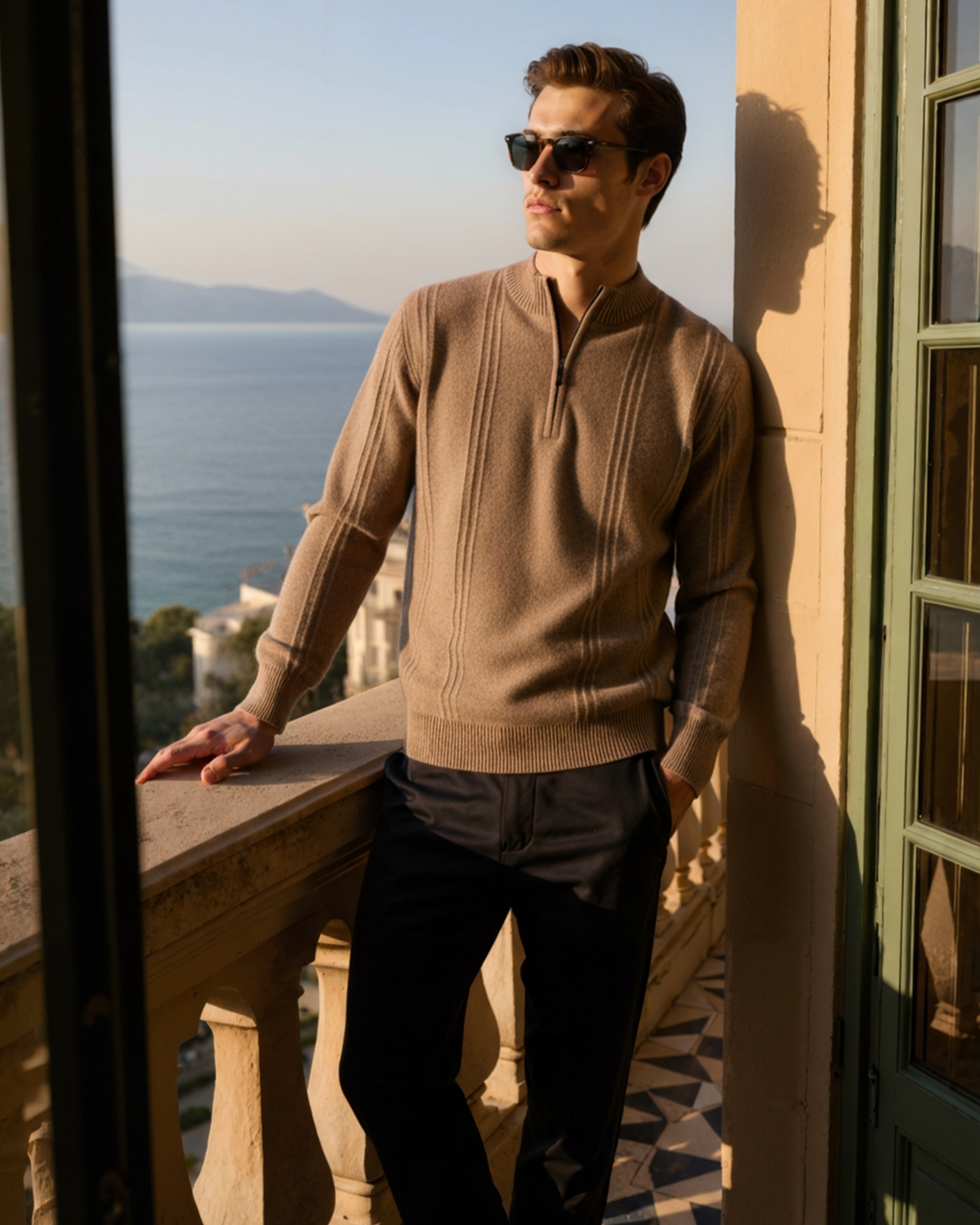 Men's Vertical-Rib Jumper with a Low Zip Neckline - Beige